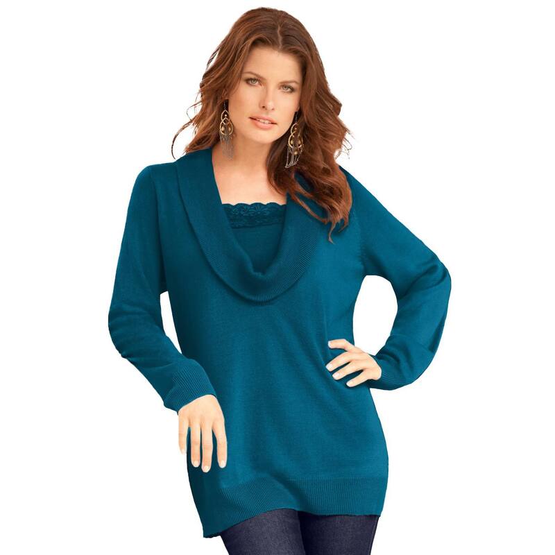 ロアマンズ レディース アウター ニット・セーター プラスサイズ レース Roaman's Women's Plusize Lace-trim Cowl Neck Sweater Deep Teal ティール