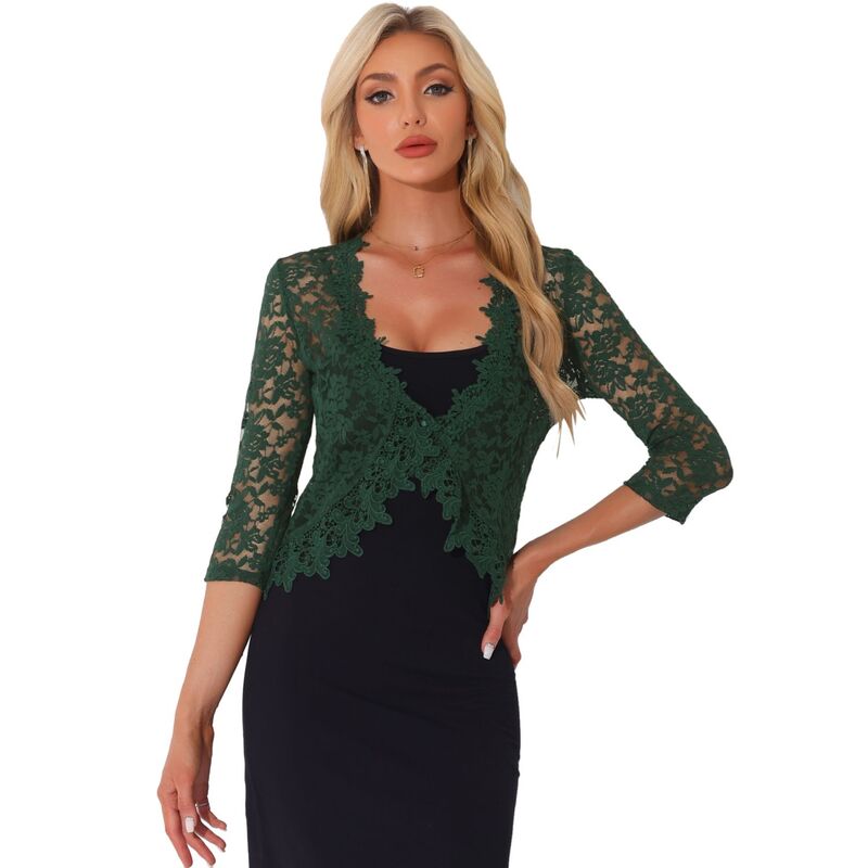 アレグラ ケー レディース アウター ニット・セーター フラワー柄 カーディガン レース フラワー ALLEGRA K Floralace Shrugs For Women's Evening 3/4 Sleeves Formal Elegant Bolero Cardigan Dark Green グリーン|ReVida 店