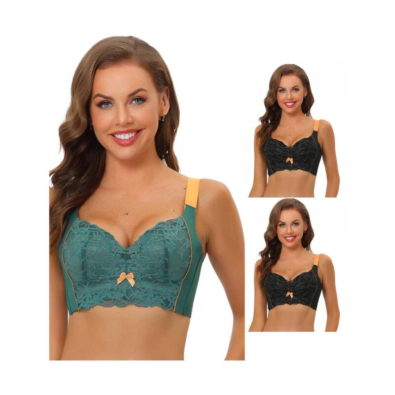 アレグラ ケー レディース アンダーウェア ブラジャー レース ALLEGRA K 3 Packs Women's Wide Straps High Back Padded Lace Push Up Full Coverage Bralette Black Dark Green ブラック 16,436円