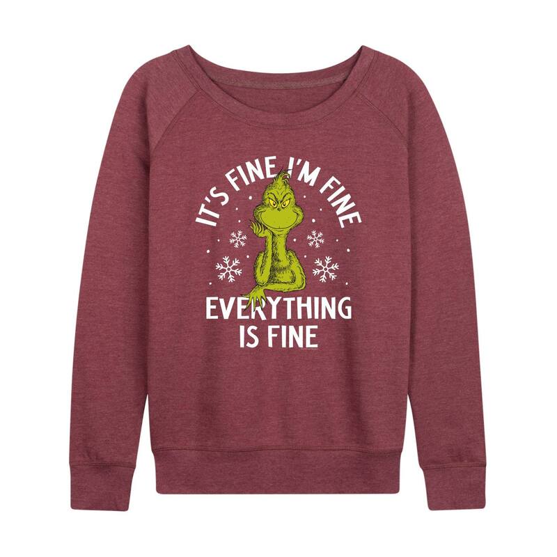 アニメキャラクター レディース トップス Tシャツ パイル スウェット Licensed Character Women's Dr. Seuss Grinch It's Fine I'm Fine Lightweight French Terry Sweatshirt Heather Dark Red ヘザー