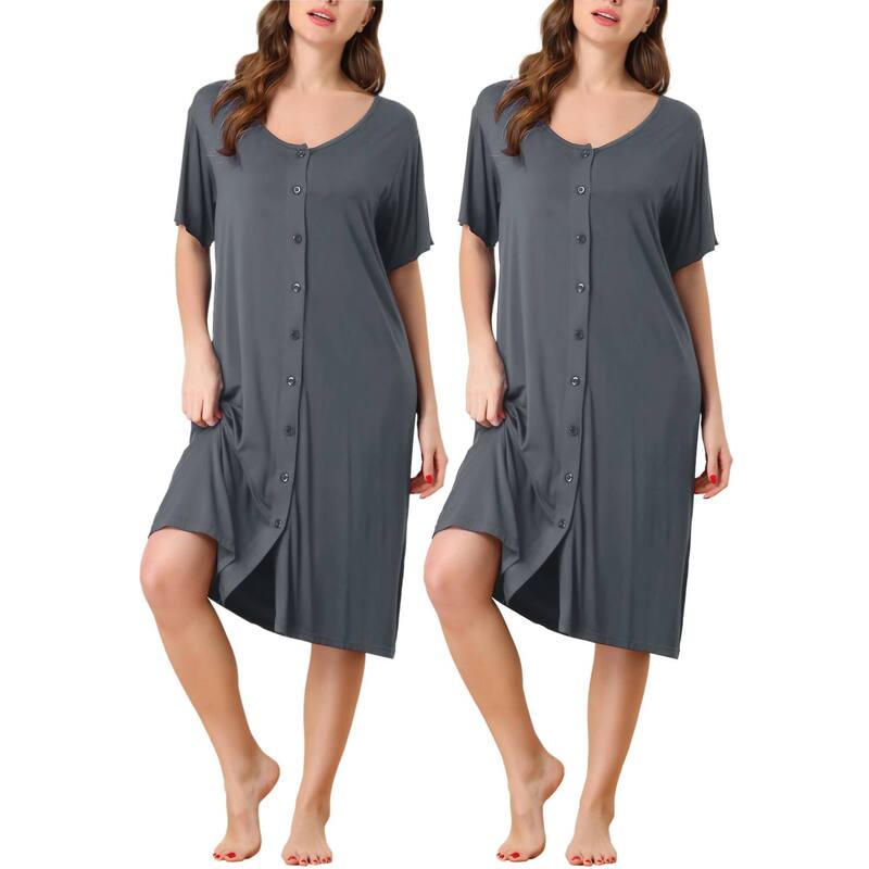 cheibear レディース アンダーウェア ナイトウェア ボタンダウン シャツ ダウン cheibear Women'short Sleeve Nightshirt Button Downightgown Sleepwear Pajama Dress Deep Gray グレー