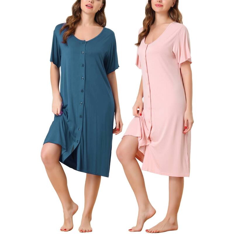 cheibear レディース アンダーウェア ナイトウェア ボタンダウン シャツ ダウン cheibear Women'short Sleeve Nightshirt Button Downightgown Sleepwear Pajama Dress Pink Blue ブルー