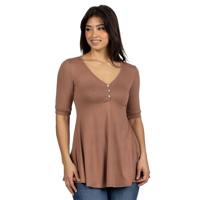 24 セブンコンフォート レディース トップス シャツ Women's 24seven Comfort Apparel Short Sleeve Tunic Top with Button Detail Mocha モカ|ReVida 店