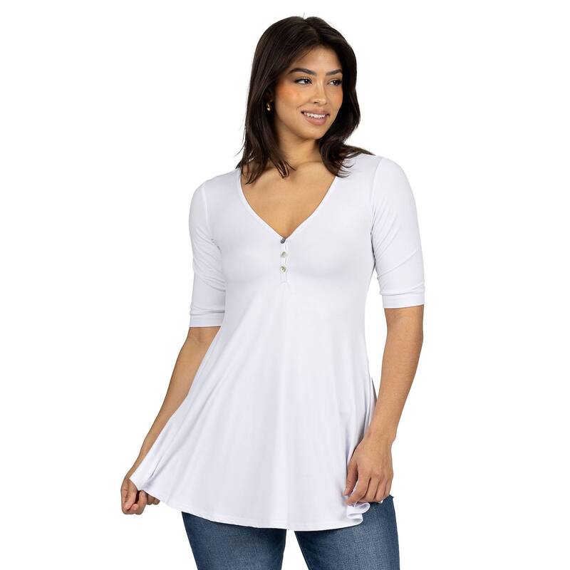 24 セブンコンフォート レディース トップス シャツ Women's 24seven Comfort Apparel Short Sleeve Tunic Top with Button Detail White ホワイト|ReVida 店