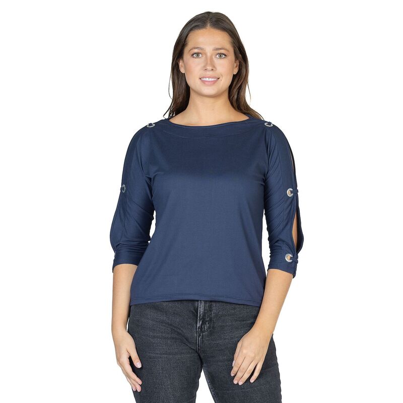 24 セブンコンフォート レディース トップス シャツ Women's 24Seven Comfort Apparel Three-Quarter Sleeve Boatneck Cold Shoulder Top Navy ネイビー