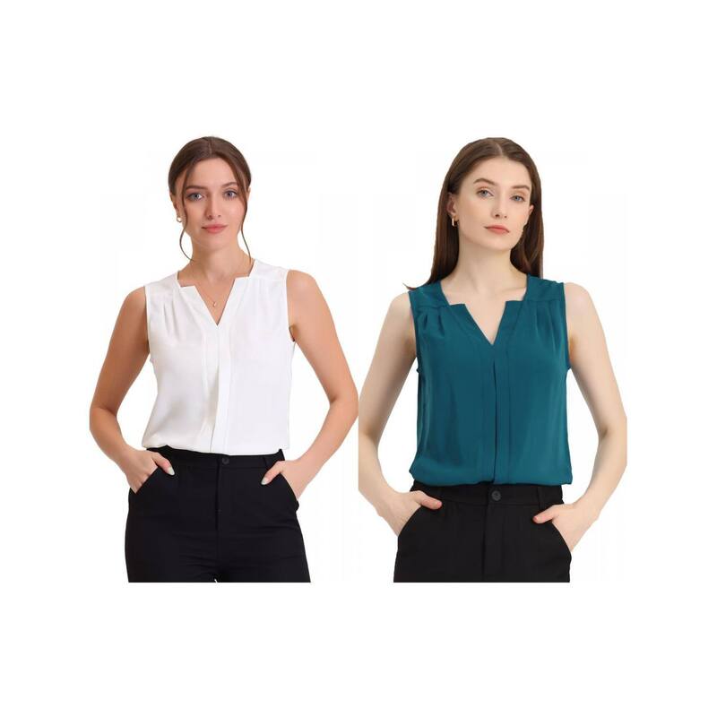 アレグラ ケー レディース トップス シャツ Vネック シフォン ノースリーブラウス ALLEGRA K 2 Packs Women's Chiffon V Neck Sleeveless Blouse Top Office Work Shirts White Peacock Blue ホワイト｜ReVida 店