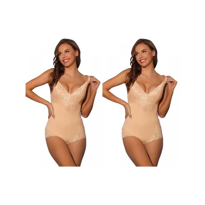 アレグラ ケー レディース トップス シャツ Vネック 背中開き ボディースーツ レース ALLEGRA K 2 Packs Women's Lace Shapewear Bodysuit Adjustable Straps Tummy Control Backless V Neck Beige ベージュ｜ReVida 店 13,986円
