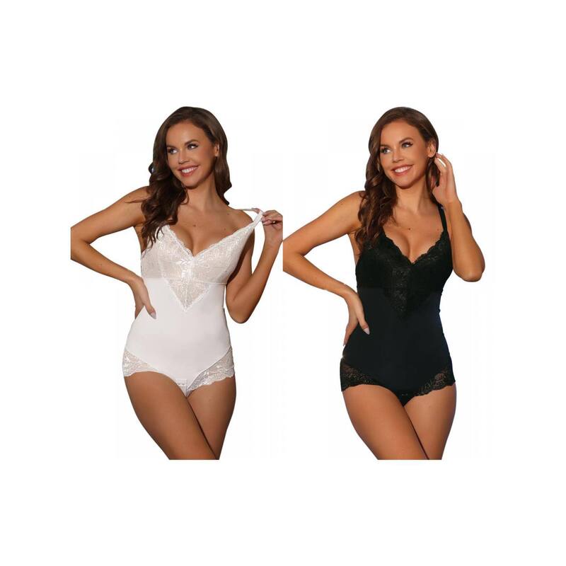 アレグラ ケー レディース トップス シャツ Vネック 背中開き ボディースーツ レース ALLEGRA K 2 Packs Women's Lace Shapewear Bodysuit Adjustable Straps Tummy Control Backless V Neck White Black ホワイト
