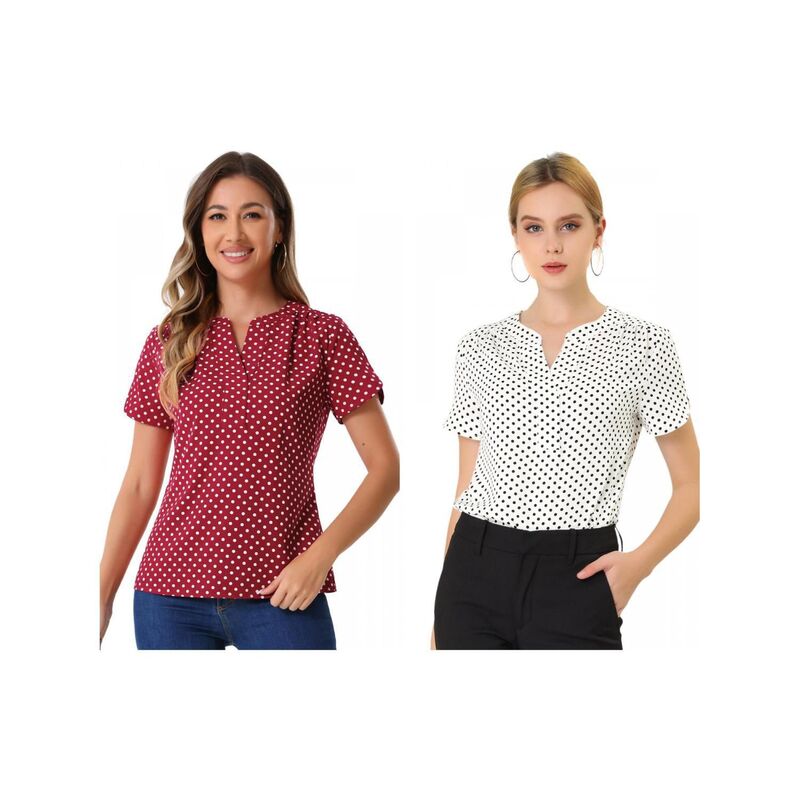 アレグラ ケー レディース トップス シャツ Vネック プリント ブラウス ALLEGRA K 2 Packs Women's Dots Printed V Neck Short Sleeve Work Office Blouse Tops White Red ホワイト