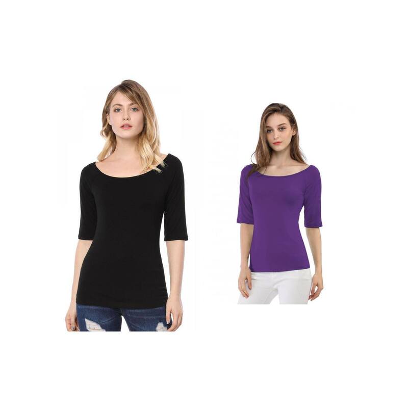 アレグラ ケー レディース トップス シャツ ALLEGRA K 2 Packs Women's Half Sleevescoop Neck Fitted Layering Top T-shirts Black Purple ブラック|ReVida 店