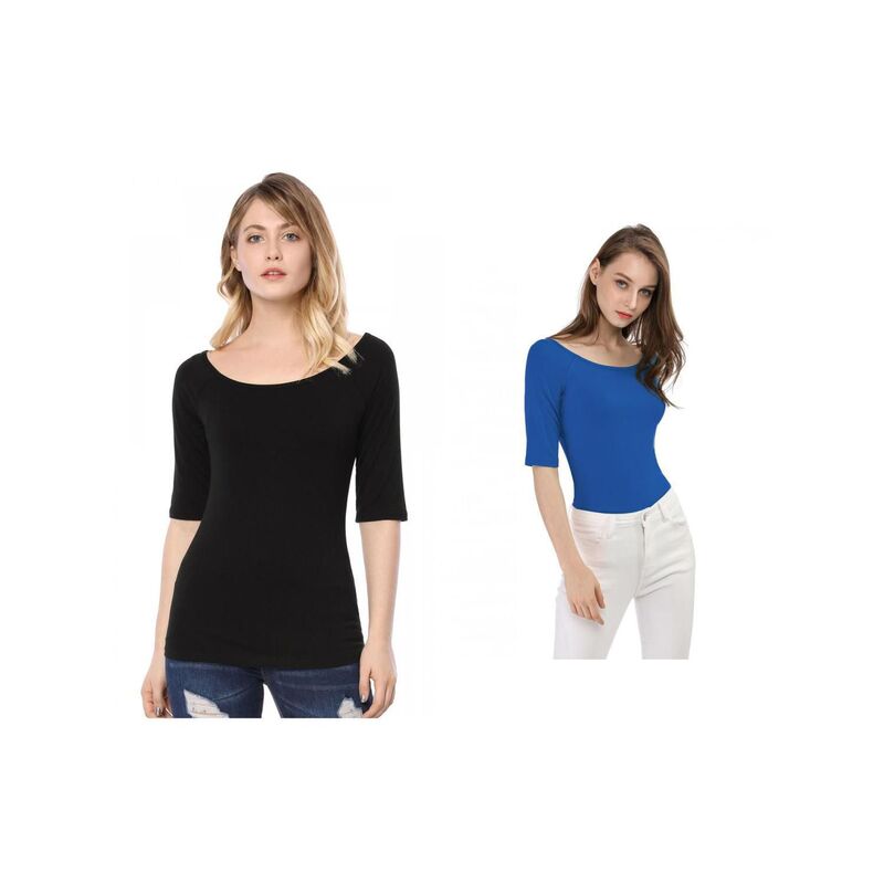 アレグラ ケー レディース トップス シャツ ALLEGRA K 2 Packs Women's Half Sleevescoop Neck Fitted Layering Top T-shirts Black Royal Blue ブラック|ReVida 店