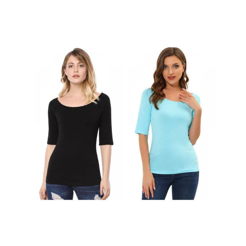 アレグラ ケー レディース トップス シャツ ALLEGRA K 2 Packs Women's Half Sleevescoop Neck Fitted Layering Top T-shirts Black Sky Blue ブラック｜ReVida 店