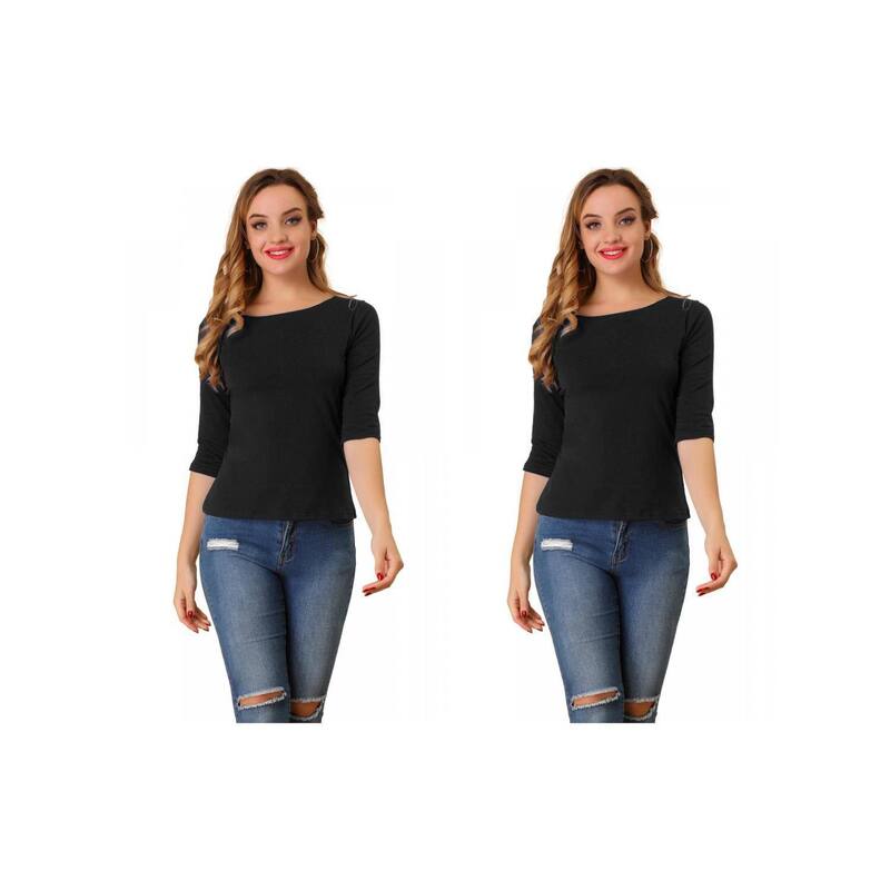 アレグラ ケー レディース トップス シャツ スリムフィット ALLEGRA K 2 Packs Women's Elbow Sleeves Boat Neck Slim Fit Classic Tees 2 Packs Black ブラック