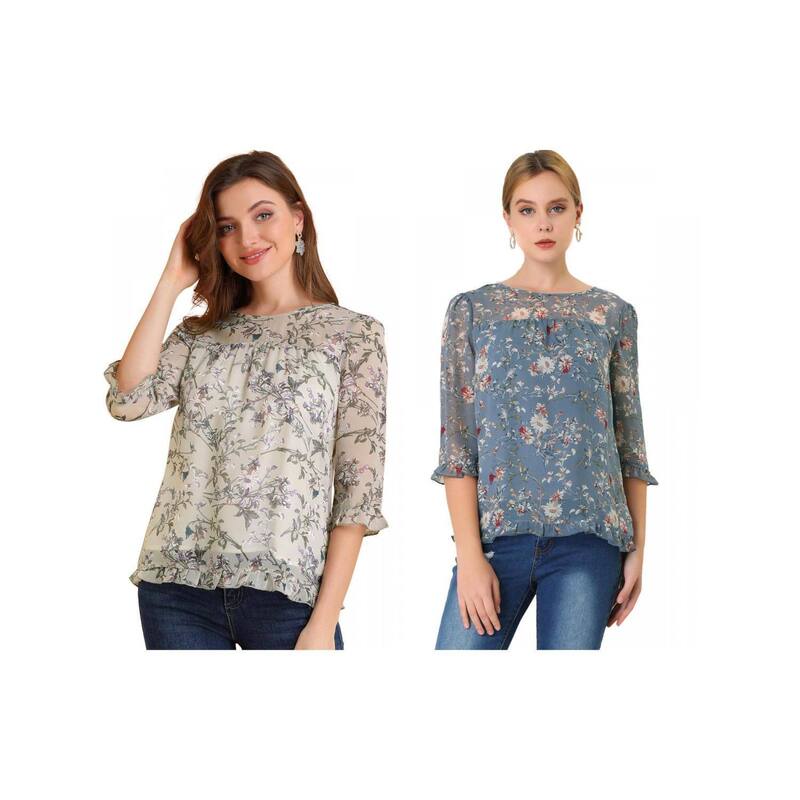アレグラ ケー レディース トップス シャツ シフォン フラワー柄 プリント フリル ブラウス フラワー ALLEGRA K 2 Pack Women's Casual Ruffle 3/4 Sleeve Floral Print Chiffon Blouse Blue And Purple ブルー 14,541円