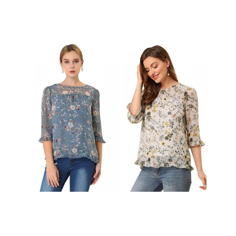 アレグラ ケー レディース トップス シャツ シフォン フラワー柄 プリント フリル ブラウス フラワー ALLEGRA K 2 Pack Women's Casual Ruffle 3/4 Sleeve Floral Print Chiffon Blouse Grey Blue And Beige グレー