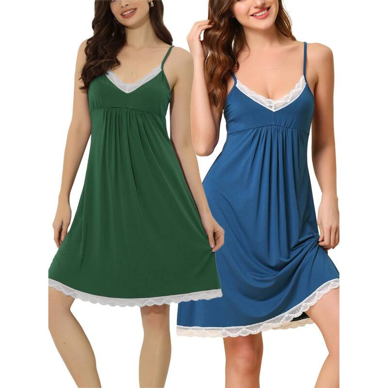 cheibear レディース アンダーウェア ナイトウェア Vネック レース cheibear Women's Pajamas V Neck Lace Suspender Nightdress Elasticasual Dress Blue Green ブルー