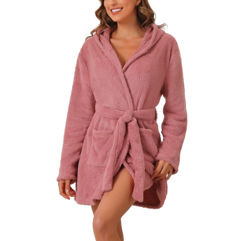 cheibear レディース アンダーウェア ナイトウェア プラスサイズ ミニ フリース cheibear Womens Fuzzy Robelted Hooded Fleece Plush Bath Robe Winter Spa Robes With Pockets Mini Bathrobe Pink ピンク