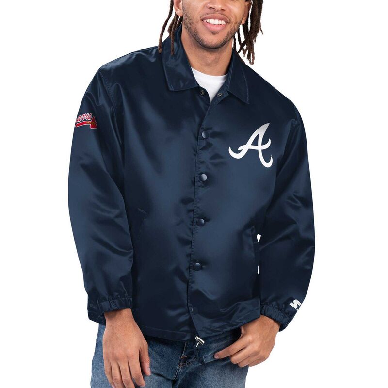 スターター メンズ アウター ジャケット・ブルゾン サテン Men\'starter Navy Atlanta Braves Option Route Satin Full-Snap Jacket Brv Navy ネイビー