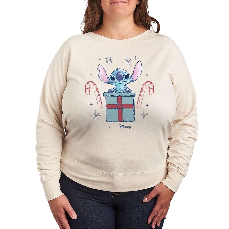 ディズニー レディース トップス Tシャツ プラスサイズ パイル スウェット Disney's Lilo & Stitch Plusize Candy Canes Lightweight French Terry Sweatshirt Beige ベージュ