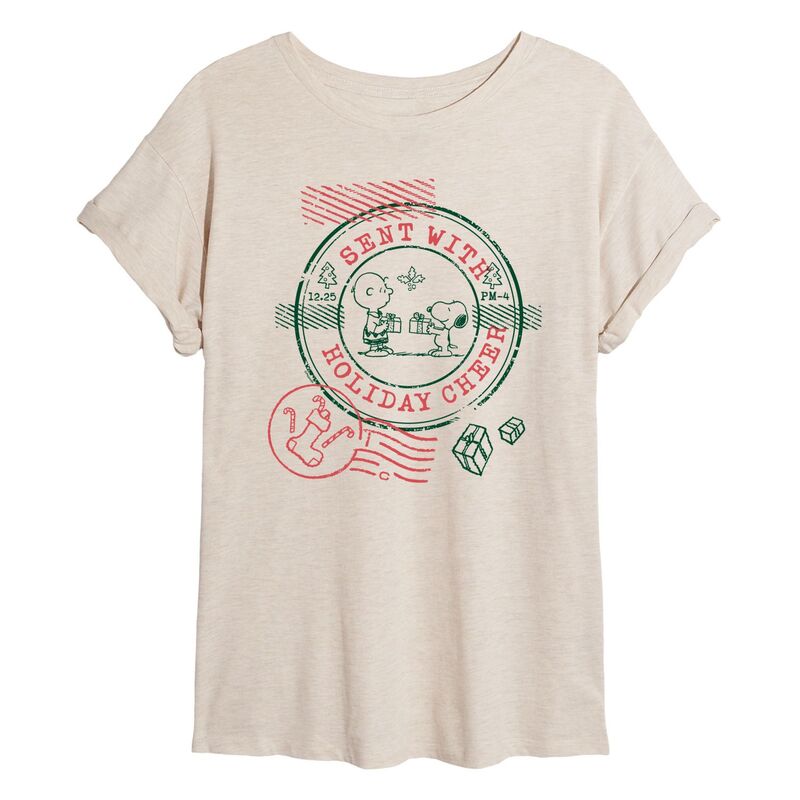 アニメキャラクター レディース トップス Tシャツ Licensed Character Juniors' Peanutsnoopy & Charlie Brown Sent Witholiday Cheer Oversized Tee Beige ベージュ