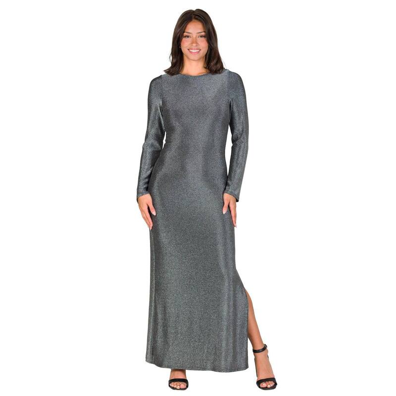 24 セブンコンフォート レディース トップス ワンピース サイドスリット マキシ Women's 24Seven Comfort Apparelong Sleeve Shimmer Side Slit Maxi Dressilver シルバー｜ReVida 店