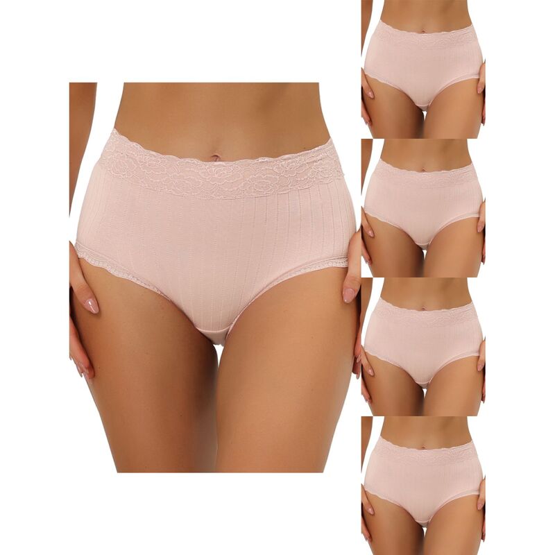アレグラ ケー レディース アンダーウェア パンツ レーストリム ハイウエスト リブ レース ALLEGRA K 5 Packs Women's High Waist Underwear Tummy Control Comfortable Lace Trim Ribbed Panties Beige Pink ピンク