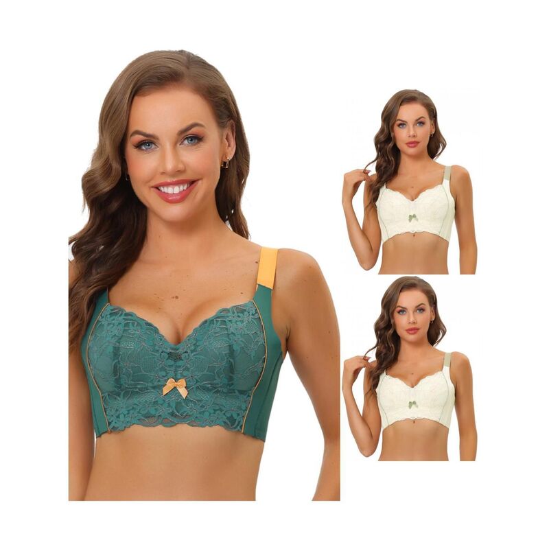 アレグラ ケー レディース アンダーウェア ブラジャー レース ALLEGRA K 3 Packs Women's Wide Straps High Back Padded Lace Push Up Full Coverage Bralette Beige Dark Green グリーン