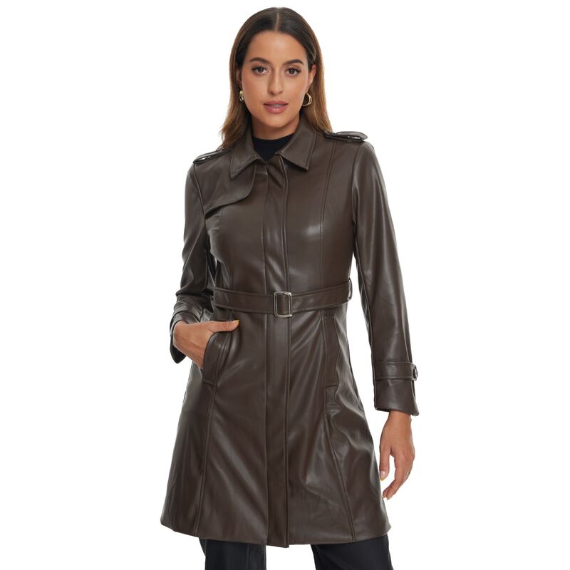 アレグラ ケー レディース アウター ジャケット・ブルゾン スリムフィット コート レザー フェイクレザー ALLEGRA K Faux Leather Long Jacket For Women's Lapel Slim Fit Long Sleeve Zip Coat Coffee コーヒー