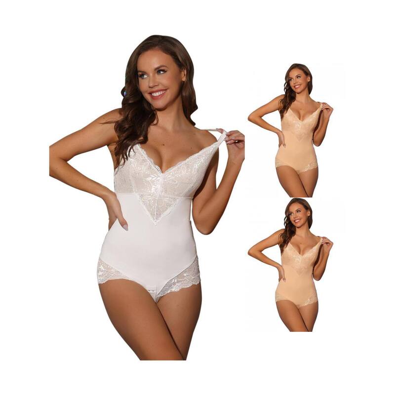 アレグラ ケー レディース トップス シャツ Vネック 背中開き ボディースーツ レース ALLEGRA K 3 Packs Women's Lace Shapewear Bodysuit Adjustable Straps Tummy Control Backless V Neck Beige White ホワイト