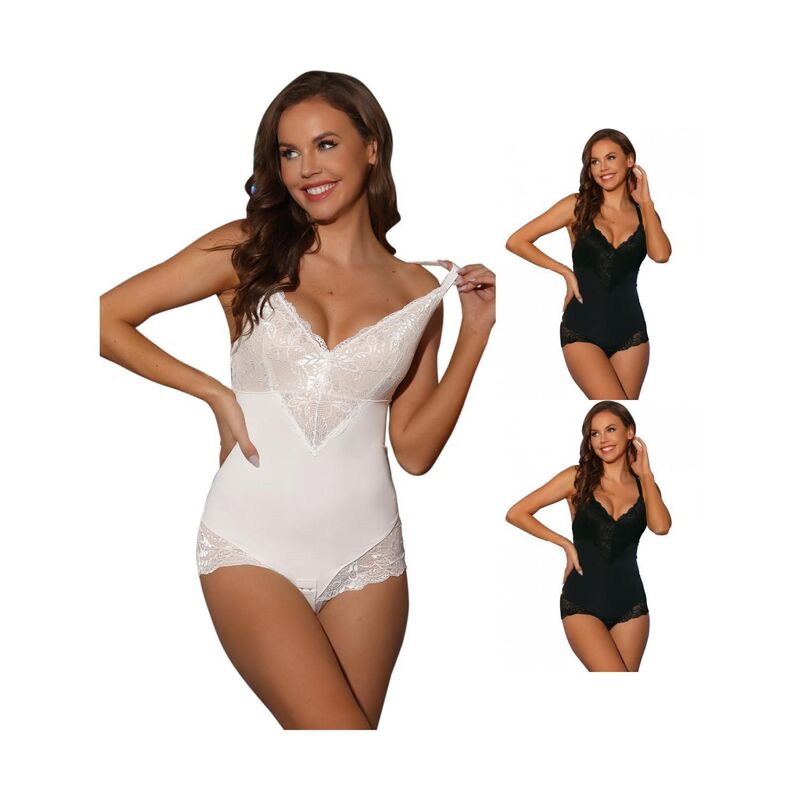 アレグラ ケー レディース トップス シャツ Vネック 背中開き ボディースーツ レース ALLEGRA K 3 Packs Women's Lace Shapewear Bodysuit Adjustable Straps Tummy Control Backless V Neck Black White ホワイト