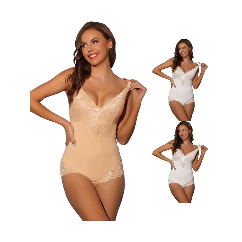 アレグラ ケー レディース トップス シャツ Vネック 背中開き ボディースーツ レース ALLEGRA K 3 Packs Women's Lace Shapewear Bodysuit Adjustable Straps Tummy Control Backless V Neck White Beige ホワイト｜ReVida 店