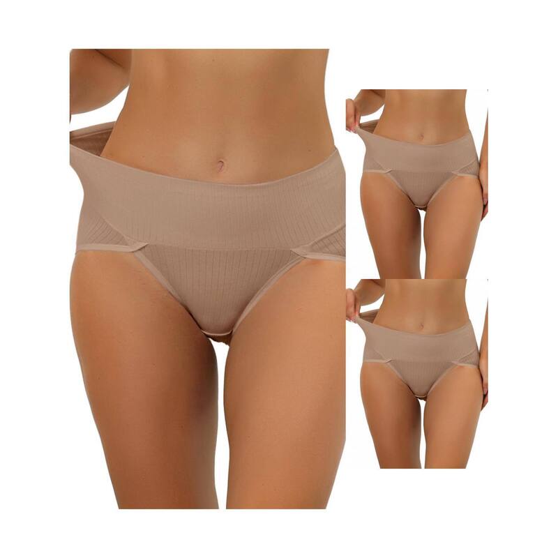 アレグラ ケー レディース アンダーウェア パンツ ハイウエスト プラスサイズ リブ ALLEGRA K 3 Packs Women's Hi-cut Ribbed High Waistummy Control Underwear Available In Plusize Multi Packs Camel キャメル