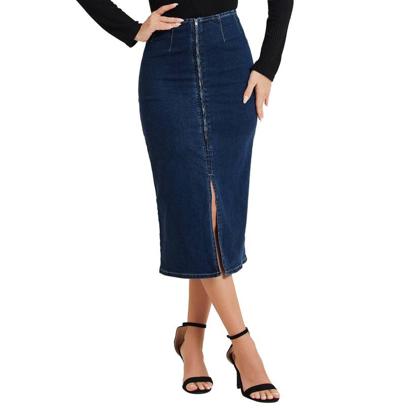 アレグラ ケー レディース ボトムスカート ハイウエスト フロントスリット デニム マキシ ALLEGRA K Maxi Denim Skirt For Women's Front Slit Zipper High Waist Bodycon Jean Skirt Dark Blue ブルー｜ReVida 店