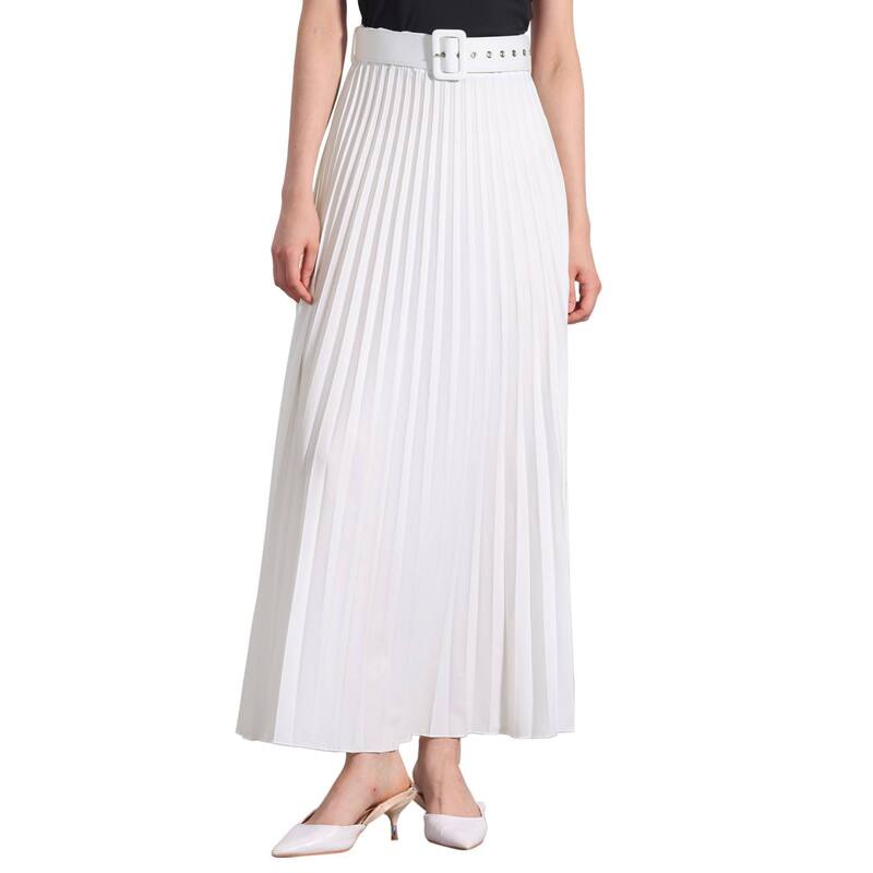 アレグラ ケー レディース ボトムスカート ハイウエスト プリーツ マキシ ALLEGRA K Women's Elastic High Waist Flowy Pleated Maxi Skirt With Belt White ホワイト