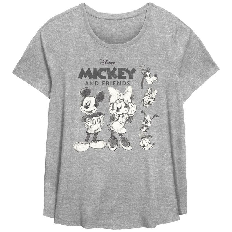 ディズニー レディース トップス Tシャツ プラスサイズ グラフィック Disney's Mickey Mouse And Friends Black And White Sketches Plusize Flowy Graphic Tee Heather Gray グレー