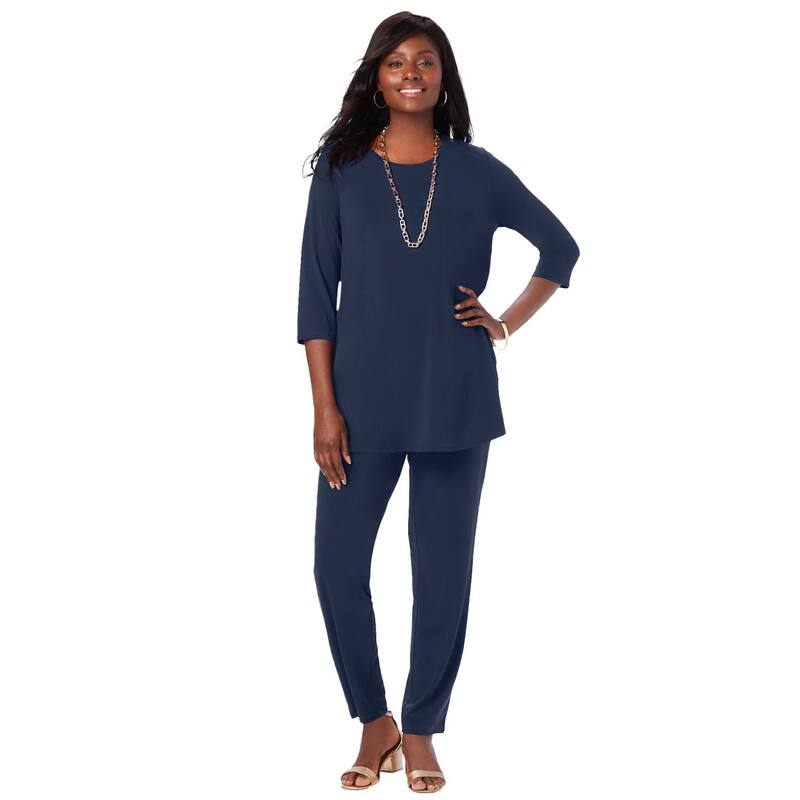 ジェシカロンドン レディース トップス Tシャツ プラスサイズ ニット Jessica London Women's Plusize 2-Piece Stretch Knit Mega Swing Set Navy ネイビー|ReVida 店