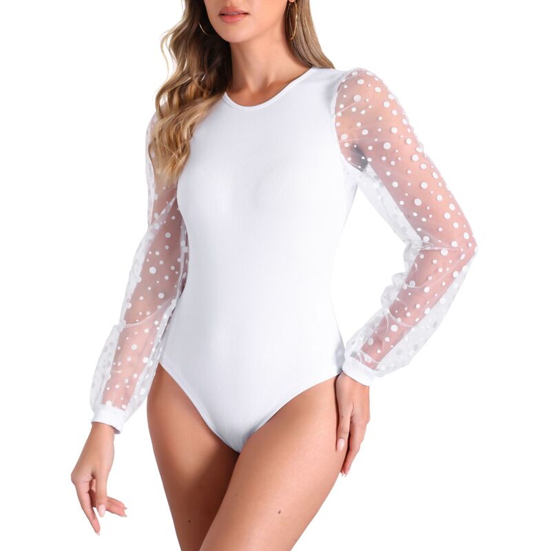 アレグラ ケー レディース トップス Tシャツ ロンパース メッシュ ボディースーツ ジャンプスーツ ALLEGRA K Long Sleeve Bodysuit For Women's Clubwear Mesh Sleeves Jumpsuits Rompers Top White ホワイト