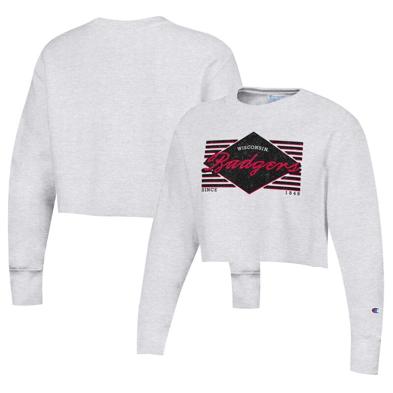 チャンピオン レディース トップス Tシャツ スウェット クロップド Women's Champion Heather Gray Wisconsin Badgers Reverse WeaveCropped Pullover Sweatshirt Wis Grey グレー