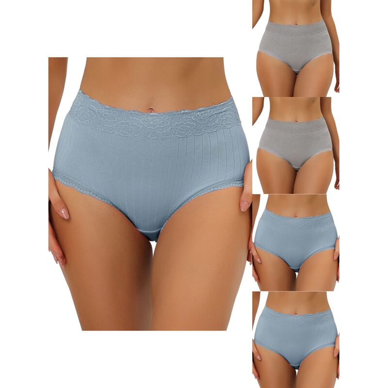 アレグラ ケー レディース アンダーウェア パンツ レーストリム ハイウエスト リブ レース ALLEGRA K 5 Packs Women's High Waist Underwear Tummy Control Comfortable Lace Trim Ribbed Panties Blu Gy