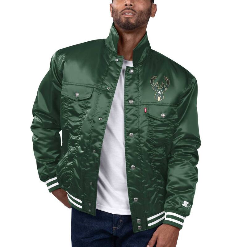 スターター メンズ アウター ジャケット・ブルゾン サテン Men'starter x Levi's Hunter Green Milwaukee Bucksilver Label Trucker Satin Full-Snap Jacket Buk Multi マルチカラー