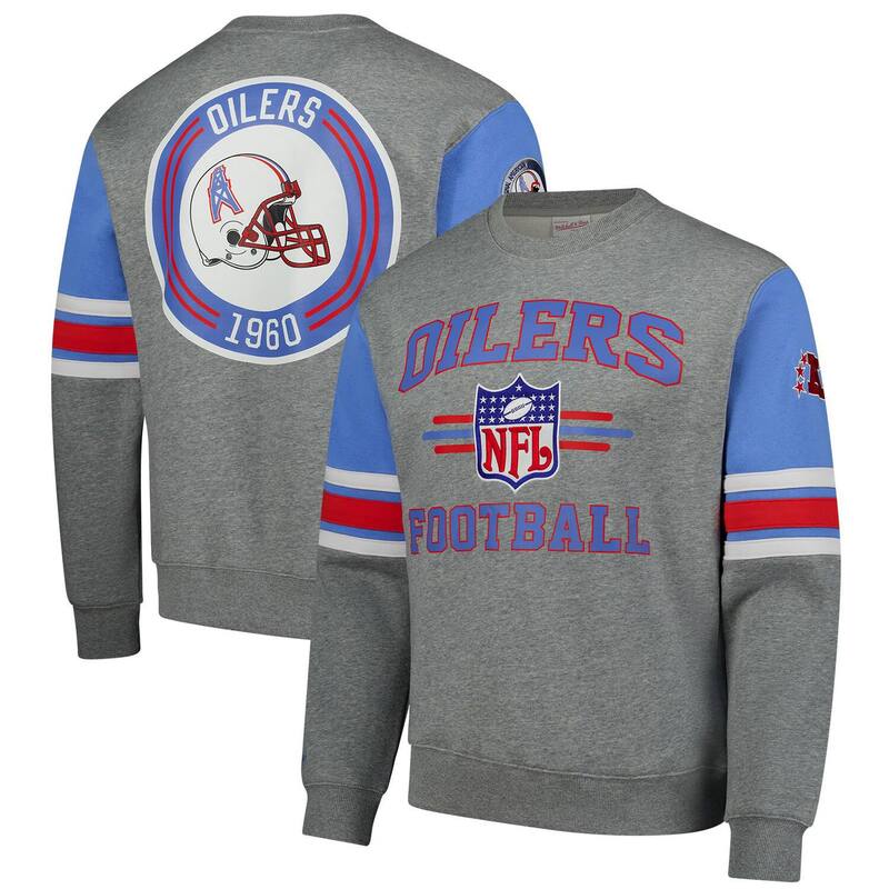 ミッチェル&ネス メンズ トップス Tシャツ ヴィンテージ スウェット ロゴ Men's Mitchell & Ness Heather Gray Houston Oilers All Over 4.0 Vintage Logo Pullover Sweatshirt Nfl Grey グレー