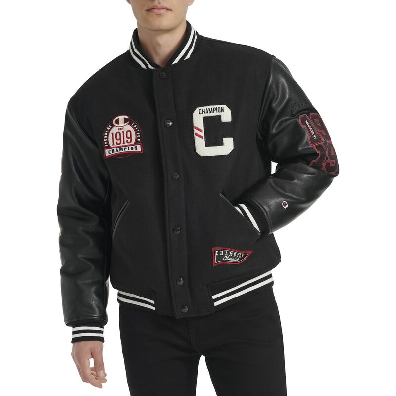 チャンピオン メンズ アウター ジャケット・ブルゾン Men's Champion Letterman Varsity Bomber Jacket with Patches Black ブラック