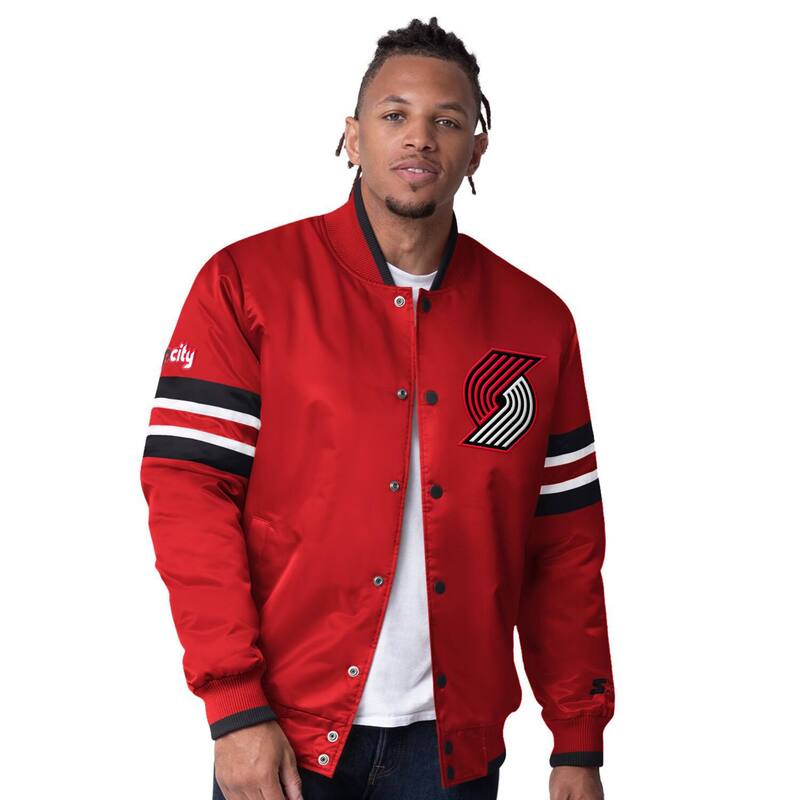 クランク メンズ アウター 上衣・上衣 繻子 スポーツジャケット Men\u0027startered Portland Trail Blazerscout Varsity Satin Full-Snap Jacketrb Red 赤いこと メンズファッション-コート・ジャケット