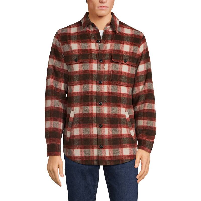 ランズエンド メンズ アウター ジャケット・ブルゾン シャツ Men's Lands' End Brushed Plaid Shirt Jacket Coffee Orange Plaid オレンジ|ReVida 店