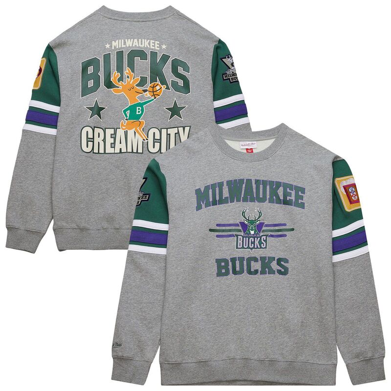 ミッチェル&ネス メンズ トップス Tシャツ スウェット Men's Mitchell & Ness Heather Gray Milwaukee Bucks Hardwood Classics All Over 4.0 Pullover Sweatshirt Buk Grey グレー