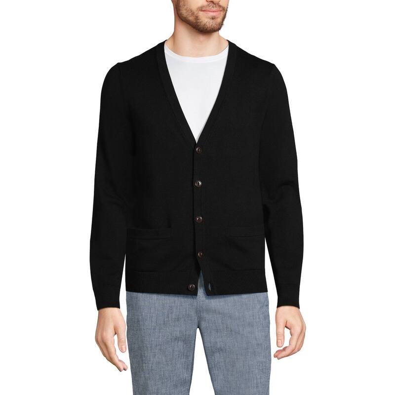 ランズ挙げ句の果て メンズ アウター 編み物・スウェーター 綿織物 ジレー Men\u0027s Lands\u0027 End Fine Gauge Cotton Cardigan Sweater Black 黒いこと