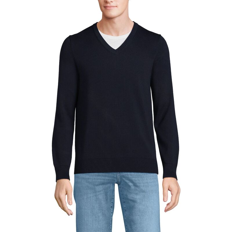 ランズエンド メンズ アウター ニット・セーター Vネック コットン Men's Lands' End Fine Gauge Cotton V-Neck Sweateradiant Navy ネイビー｜ReVida 店