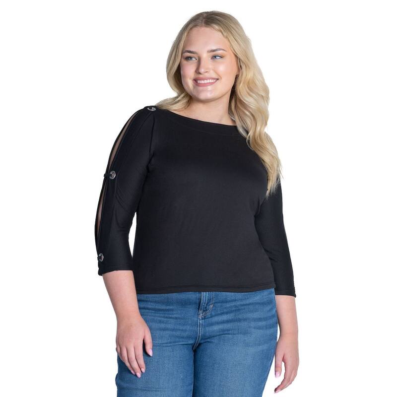 24 セブンコンフォート レディース トップス Tシャツ プラスサイズ Plusize 24Seven Comfort Apparel Boatneck 3/4-Sleeve Grommet Detailed Top Black ブラック