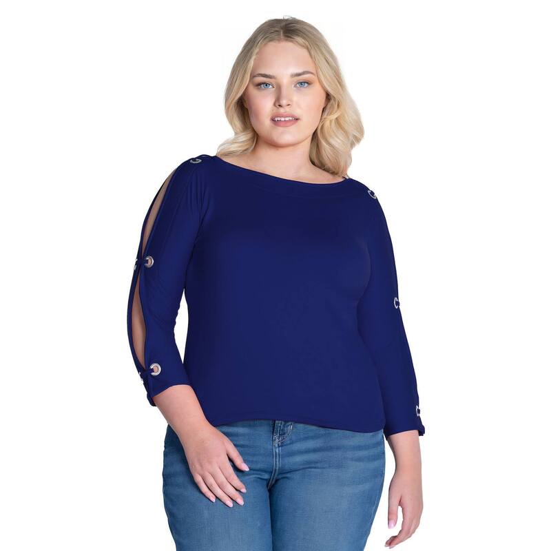 24 セブンコンフォート レディース トップス Tシャツ プラスサイズ Plusize 24Seven Comfort Apparel Boatneck 3/4-Sleeve Grommet Detailed Top Navy ネイビー