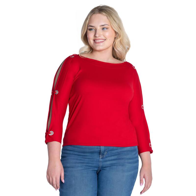 24 セブンコンフォート レディース トップス Tシャツ プラスサイズ Plusize 24Seven Comfort Apparel Boatneck 3/4-Sleeve Grommet Detailed Top Red レッド